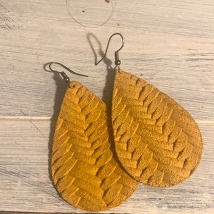 Mustard colored leather teardrop earrings weaved by Willow Elizabeth